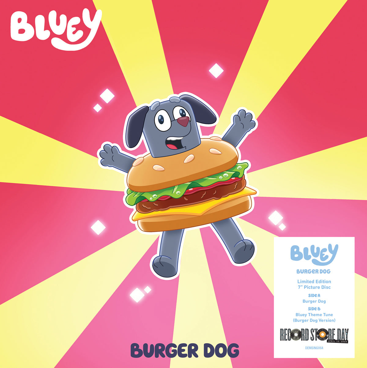 Bluey - Burger Dog / Bluey Theme Tune (Burger Dog Version) - 7" PICTURE DISC VINYL - NEW (RSD25)